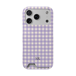 Personalized lavender gingham phone case with card holder and initials, front view