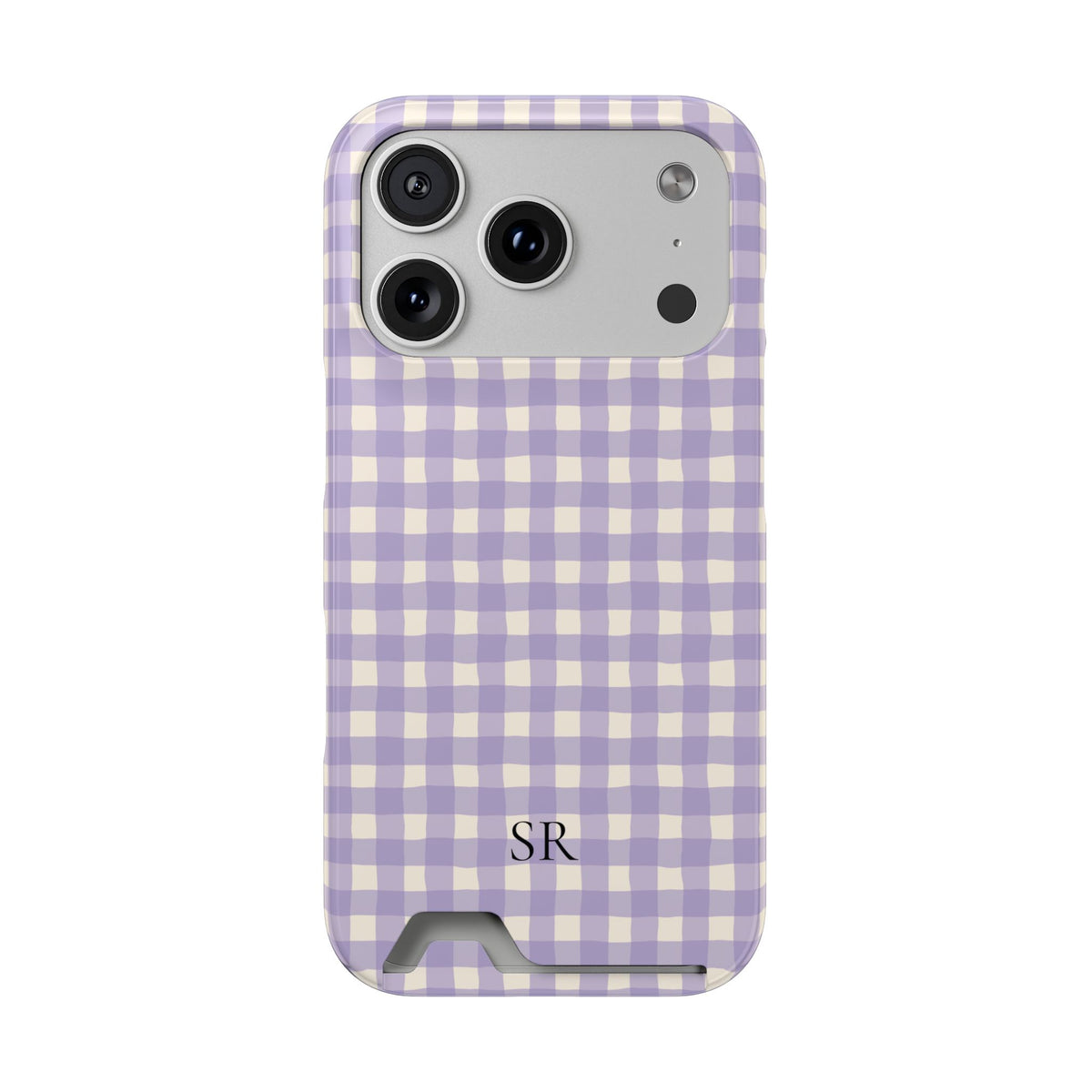 Personalized lavender gingham phone case with card holder and initials, front view