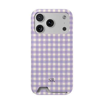 Personalized lavender gingham phone case with card holder and initials, front view
