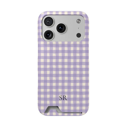Personalized lavender gingham phone case with card holder and initials, front view