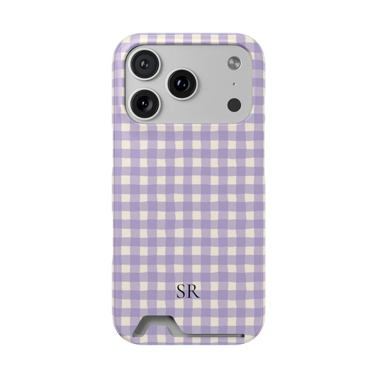 Personalized lavender gingham phone case with card holder and initials, front view