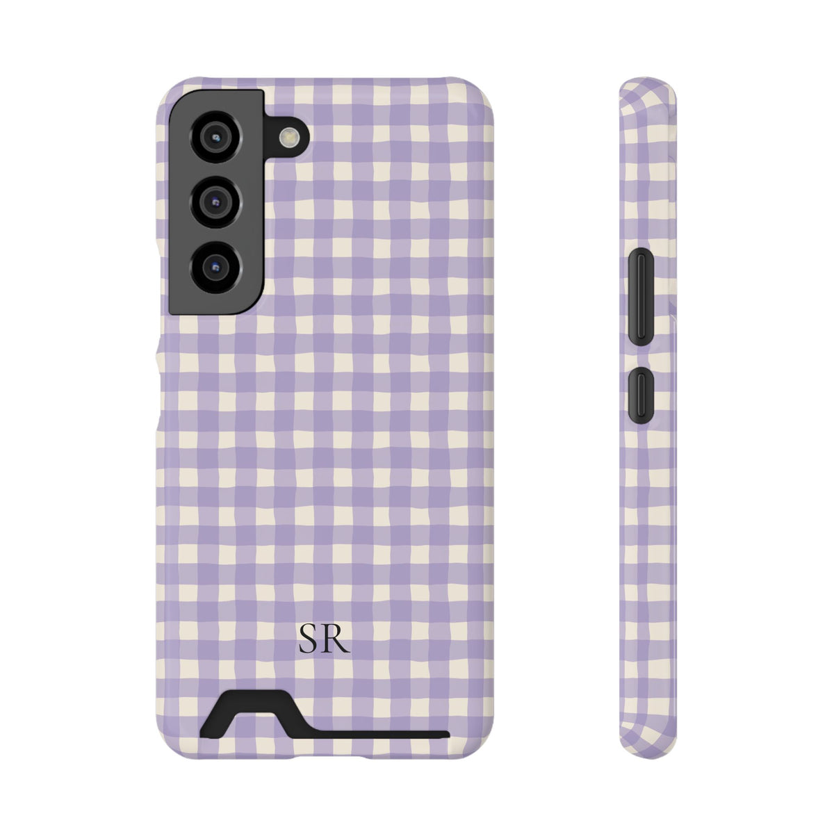 Personalized lavender gingham phone case with card holder, back view