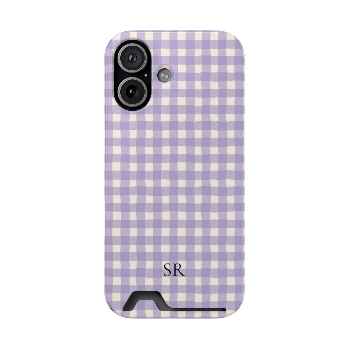 Personalized lavender gingham phone case with card holder, side view