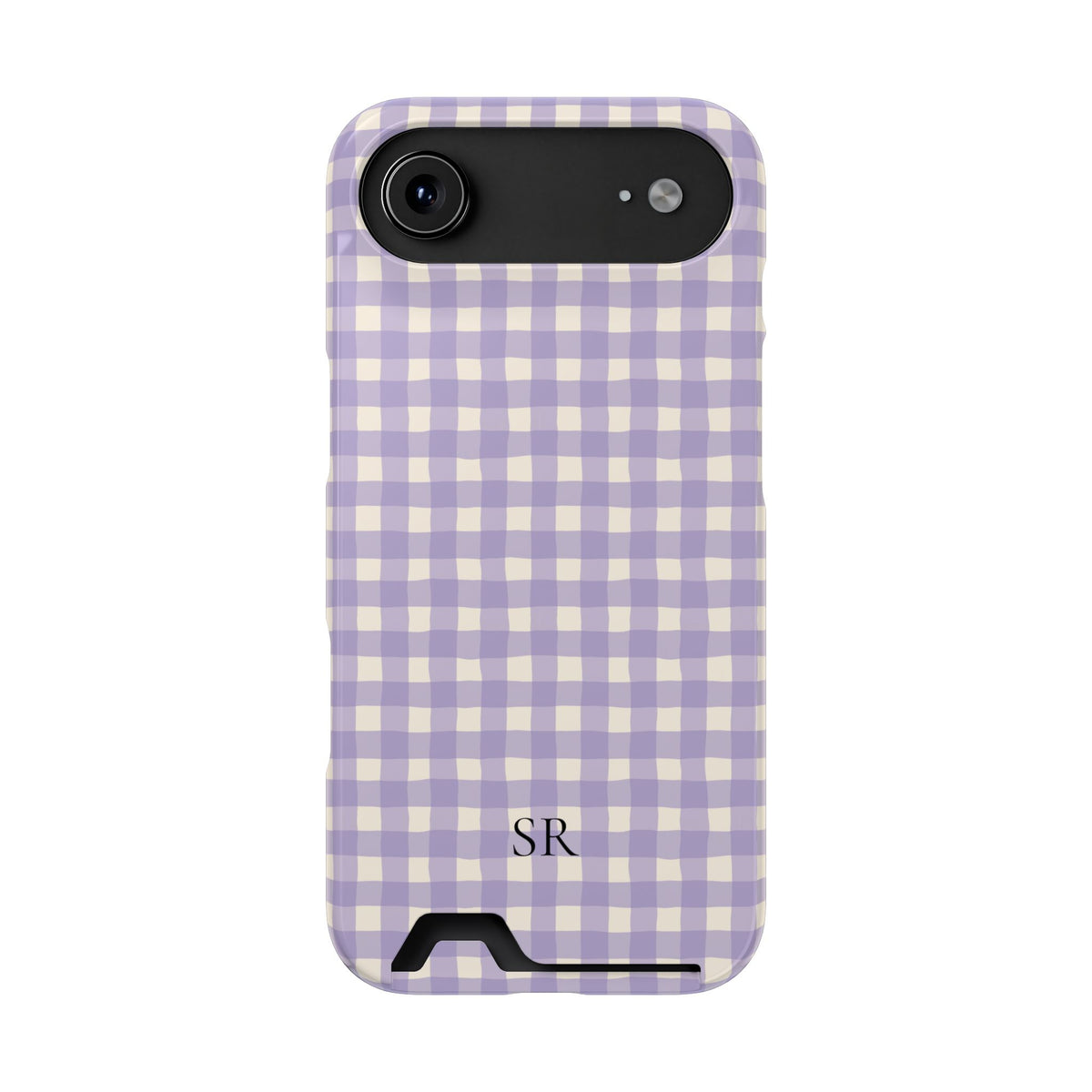 Personalized lavender gingham phone case with card holder, alternate view