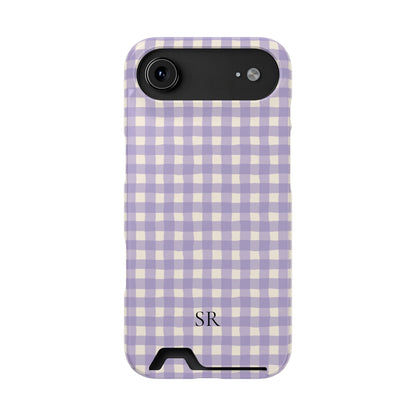 Personalized lavender gingham phone case with card holder, alternate view