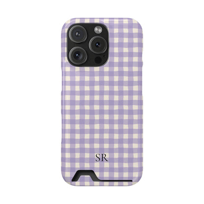 Personalized lavender gingham phone case with card holder, detail view