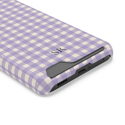 Personalized lavender gingham phone case with card holder, angled view