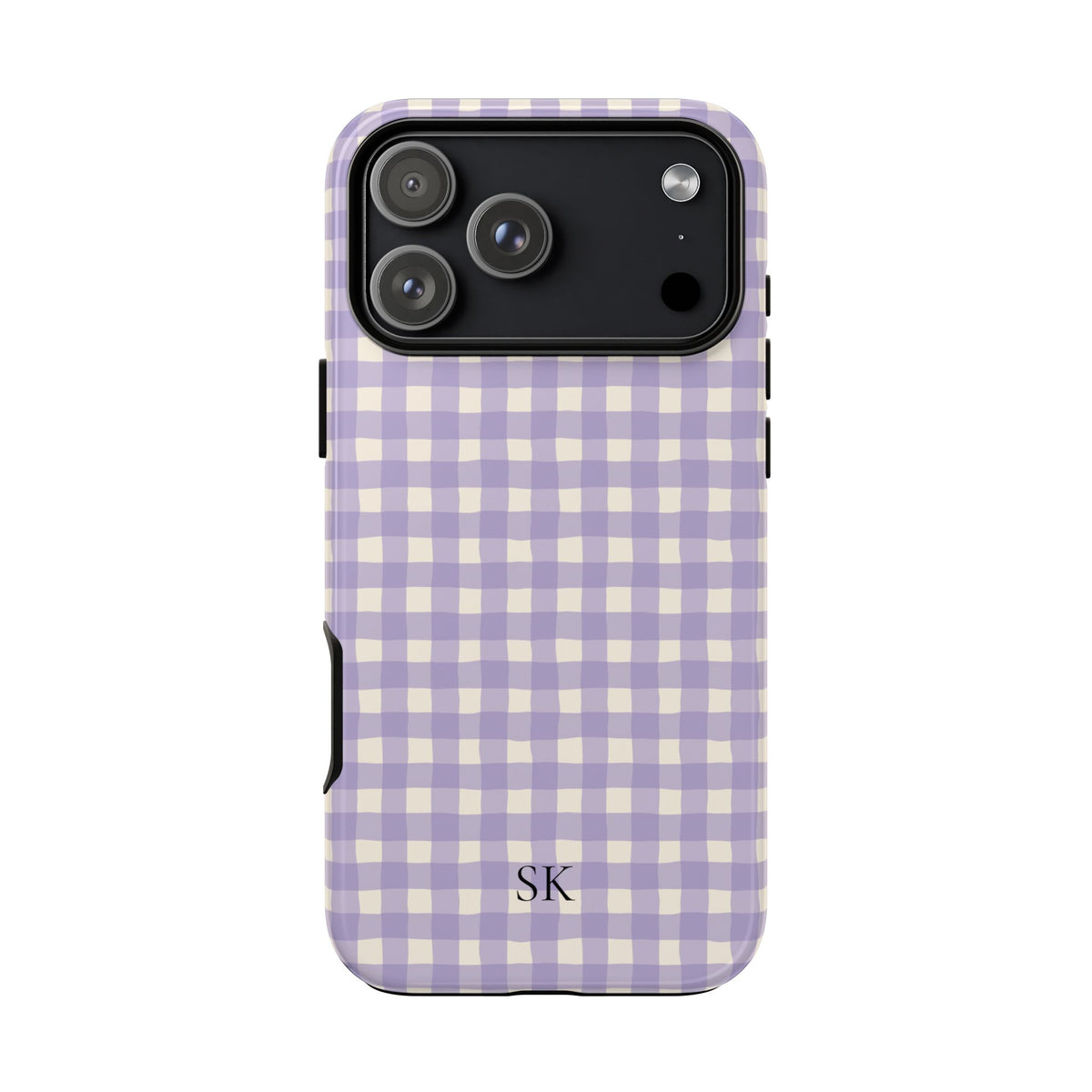 Personalized lavender gingham tough phone case with initials, front view
