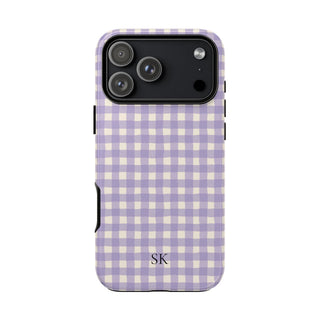 Personalized lavender gingham tough phone case with initials, front view
