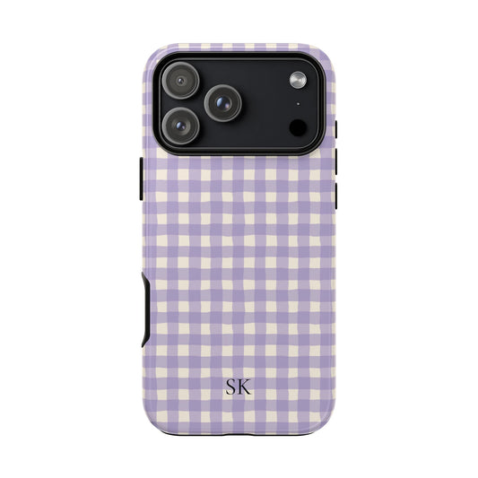 Personalized lavender gingham tough phone case with initials, front view