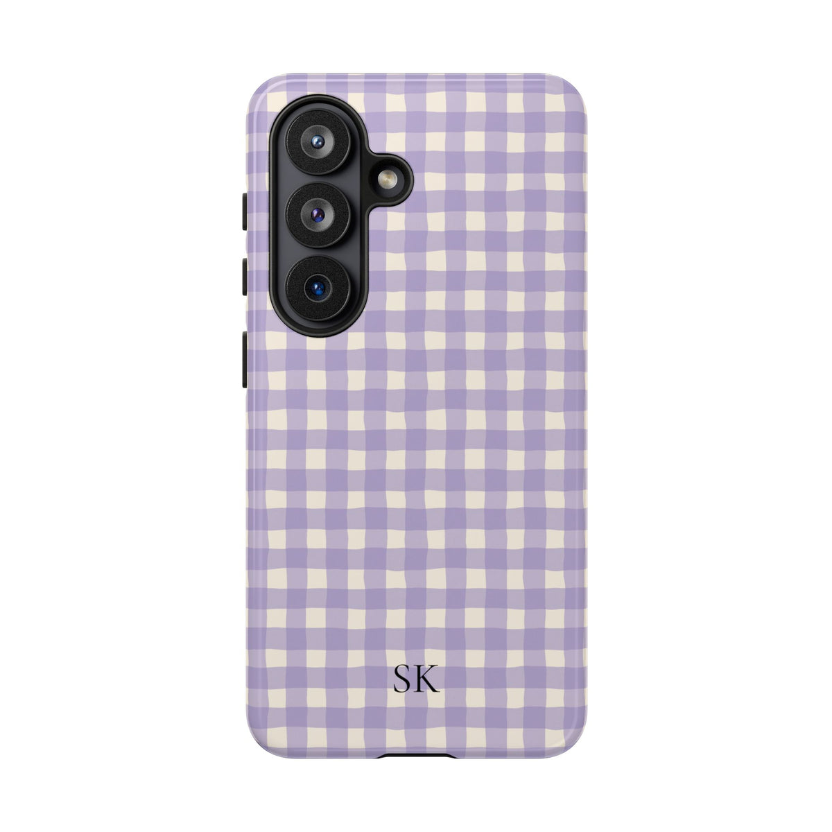 Personalized lavender gingham tough phone case, back view