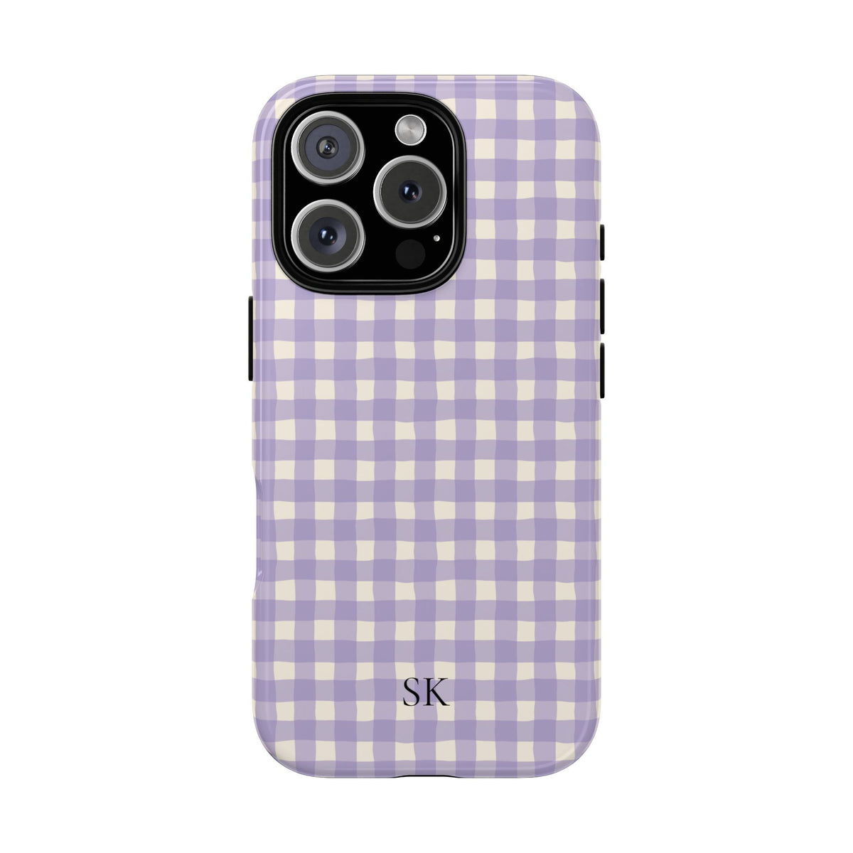 Personalized lavender gingham tough phone case, side view