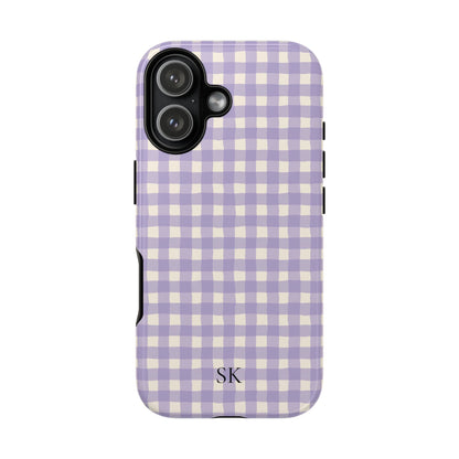 Personalized lavender gingham tough phone case, alternate view