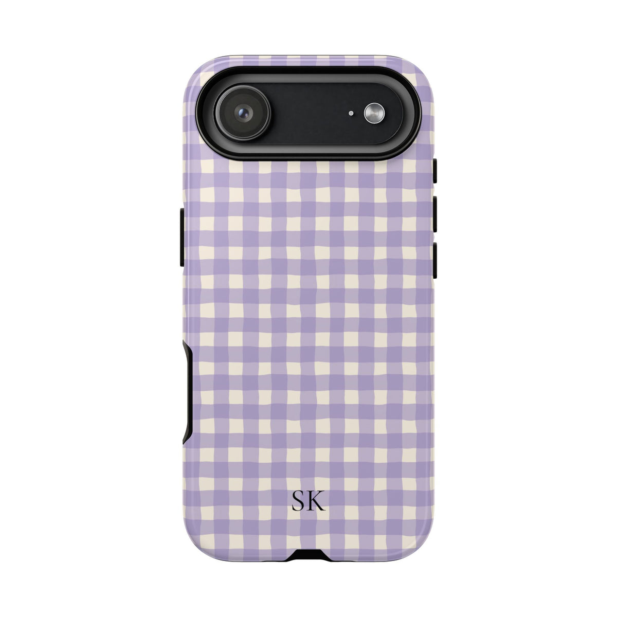 Personalized lavender gingham tough phone case, detail view