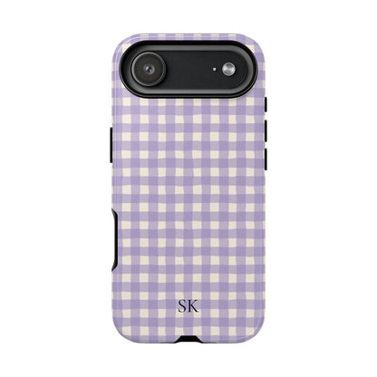 Personalized lavender gingham tough phone case, detail view