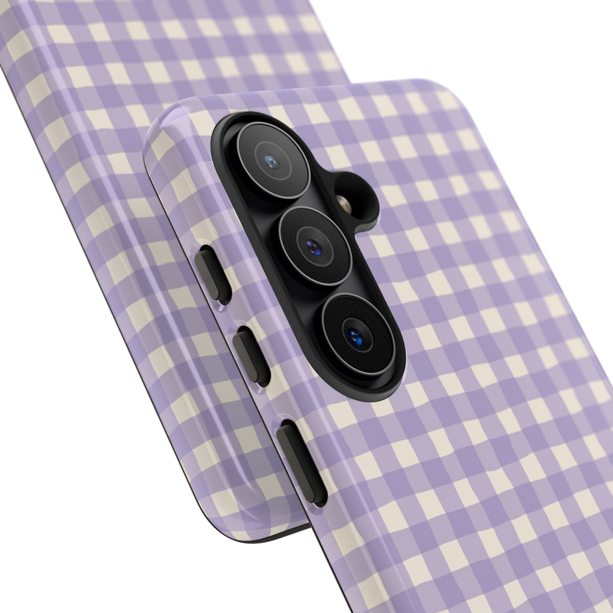 Personalized lavender gingham tough phone case, angled view