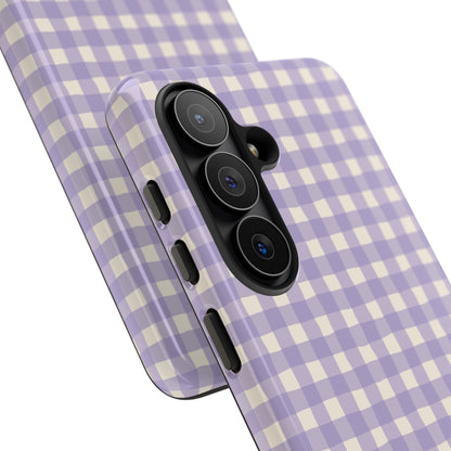 Personalized lavender gingham tough phone case, angled view