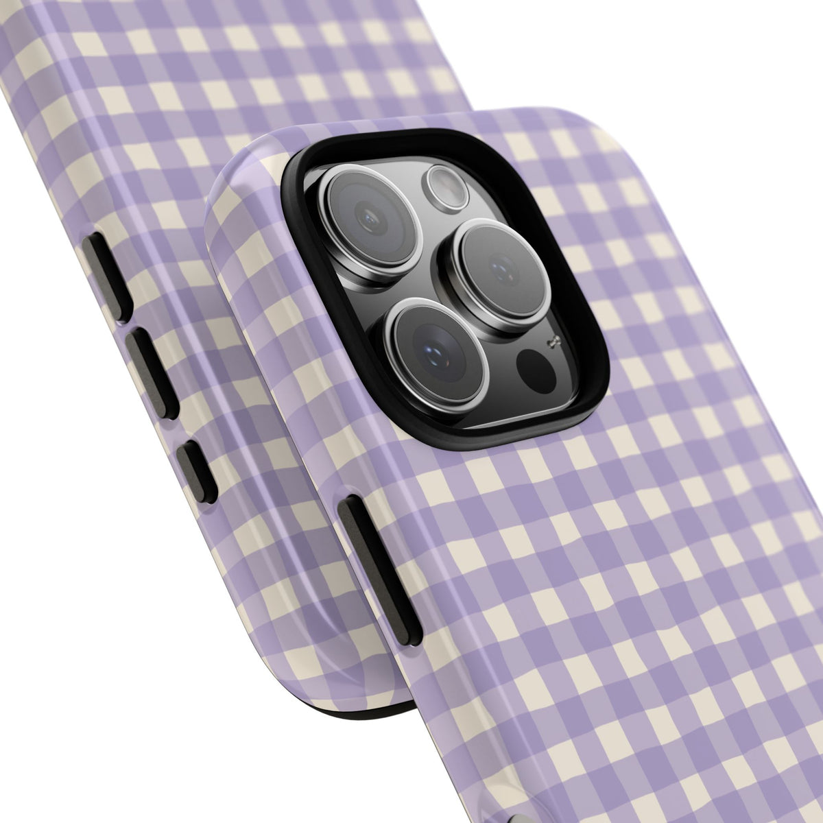 Personalized lavender gingham tough phone case, lifestyle view