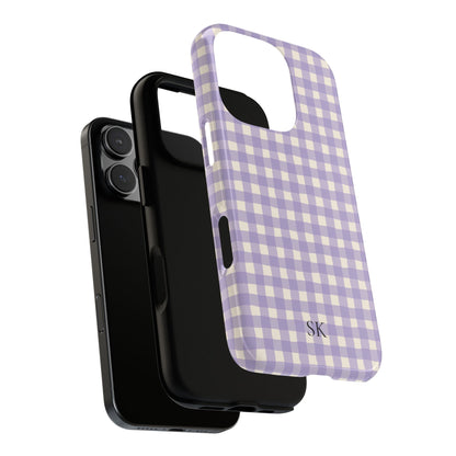 Personalized lavender gingham tough phone case, glossy or matte