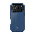 Personalized navy blue striped MagSafe phone case with initials, back view