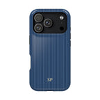 Personalized navy blue striped MagSafe phone case with initials, back view