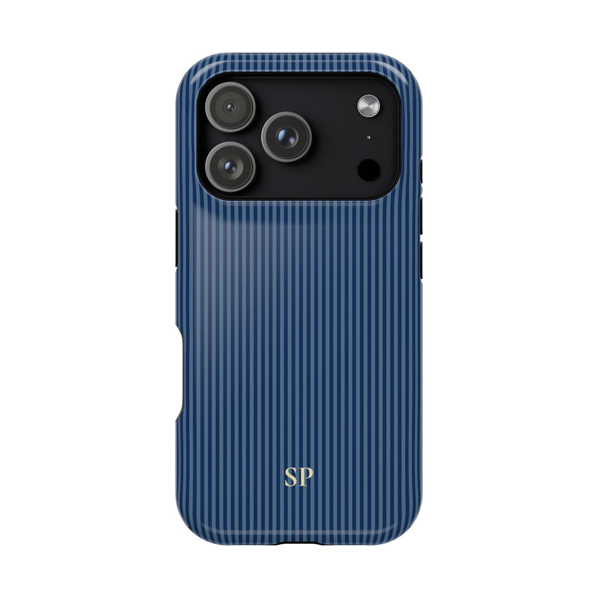 Personalized navy blue striped MagSafe phone case with initials, back view