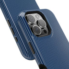 Personalized navy blue striped MagSafe phone case, side view