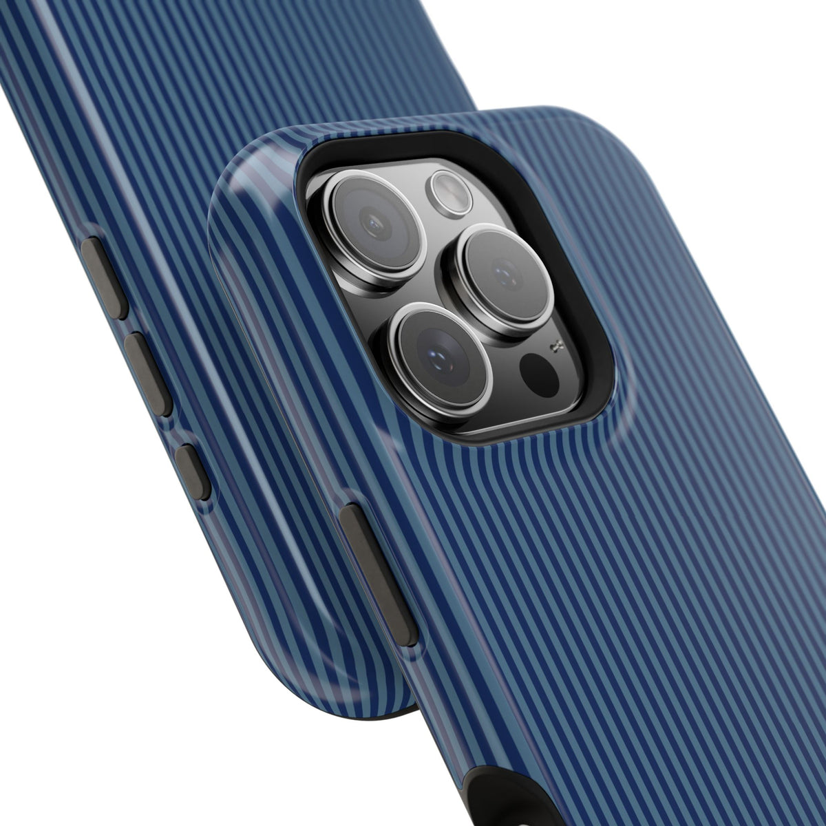 Personalized navy blue striped MagSafe phone case, side view