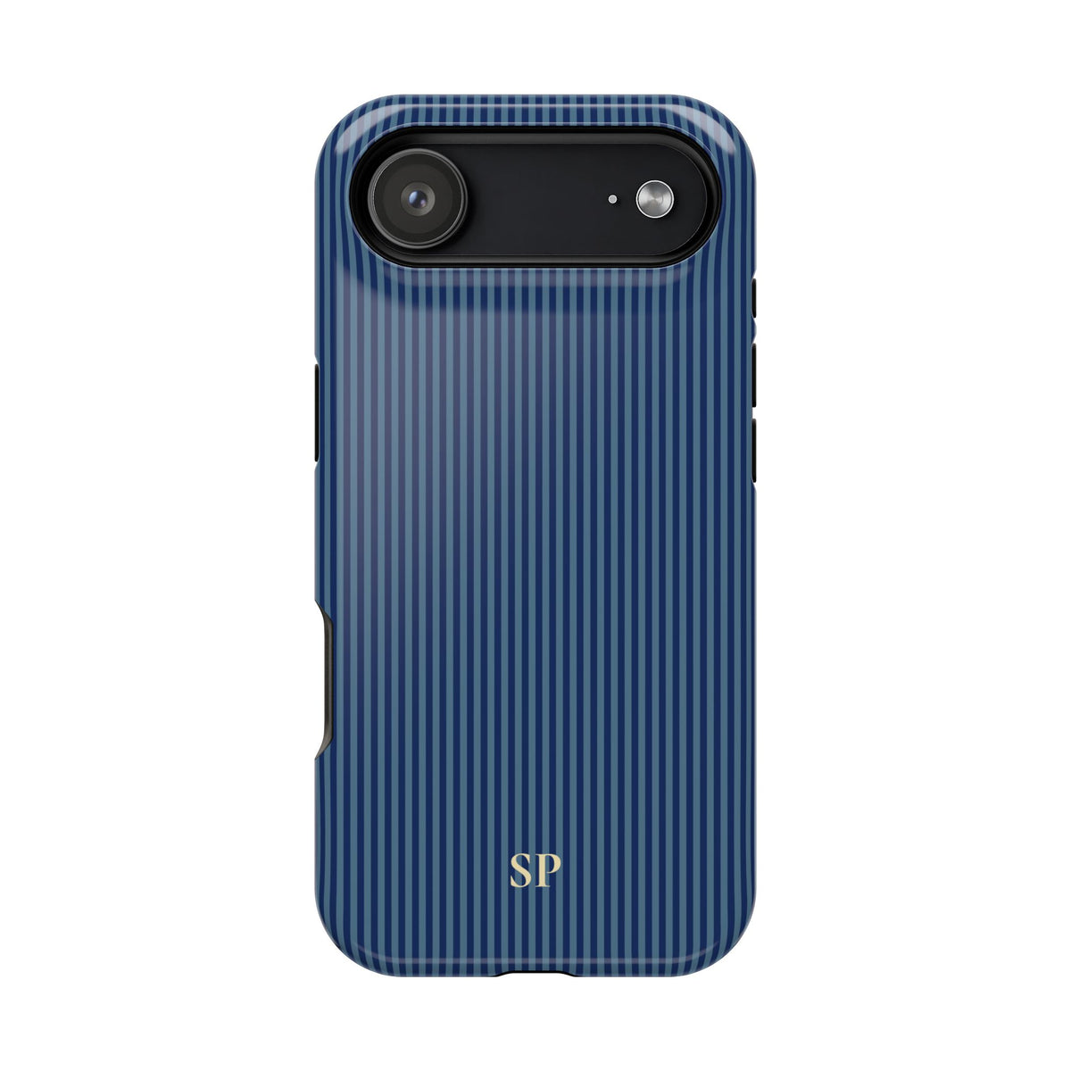 Navy pinstripe MagSafe phone case with monogram initials