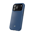 Navy pinstripe MagSafe phone case with initials in yellow