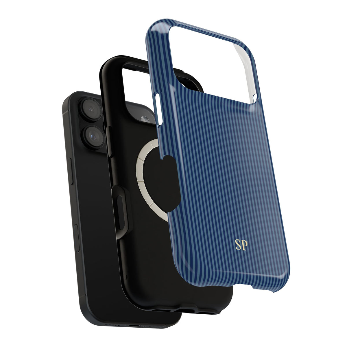 Navy blue striped monogram MagSafe phone case