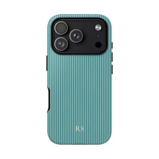 Personalized ocean teal striped tough phone case, front view