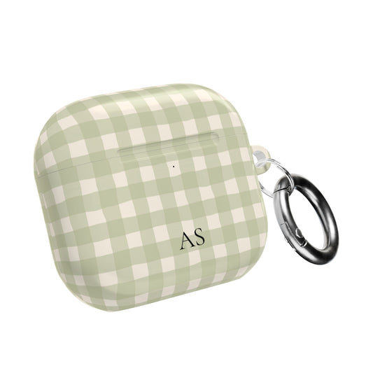 Personalized sage gingham AirPod case with initials, front view