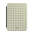 Personalized sage gingham Kindle case with initials on the front cover