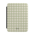 Personalized sage gingham Kindle case with initials on the front cover