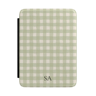 Personalized sage gingham Kindle case with initials on the front cover