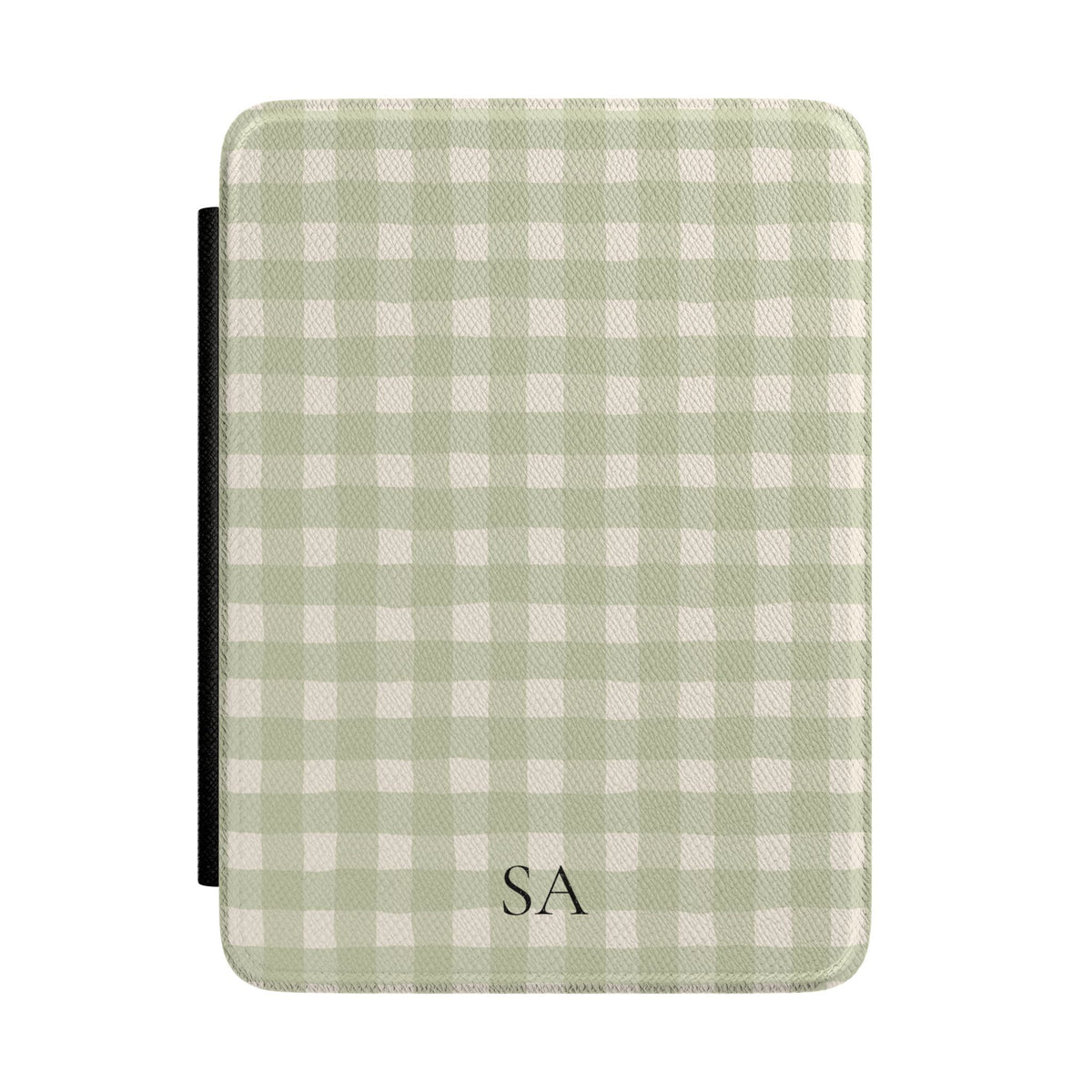 Personalized sage gingham Kindle case with initials on the front cover