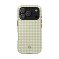 Personalized sage gingham MagSafe phone case with initials, back view