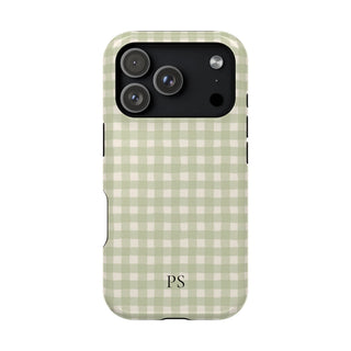 Personalized sage gingham MagSafe phone case with initials, back view