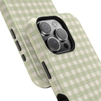 Personalized sage gingham MagSafe phone case, side view