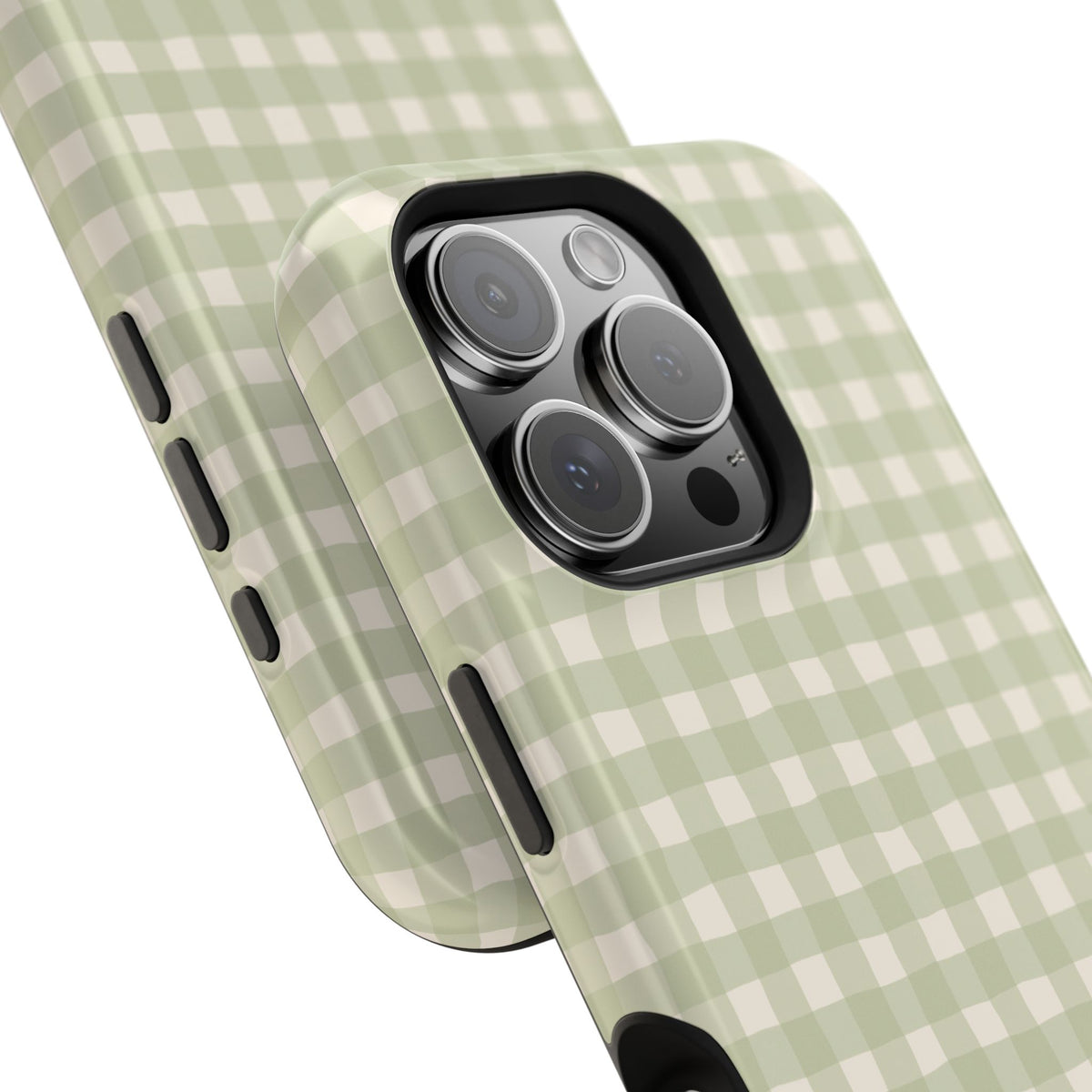 Personalized sage gingham MagSafe phone case, side view