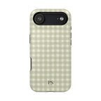 Sage green gingham MagSafe phone case with monogram initials