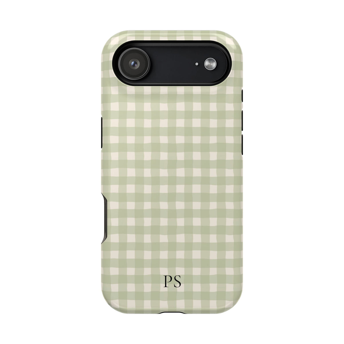 Sage green gingham MagSafe phone case with monogram initials