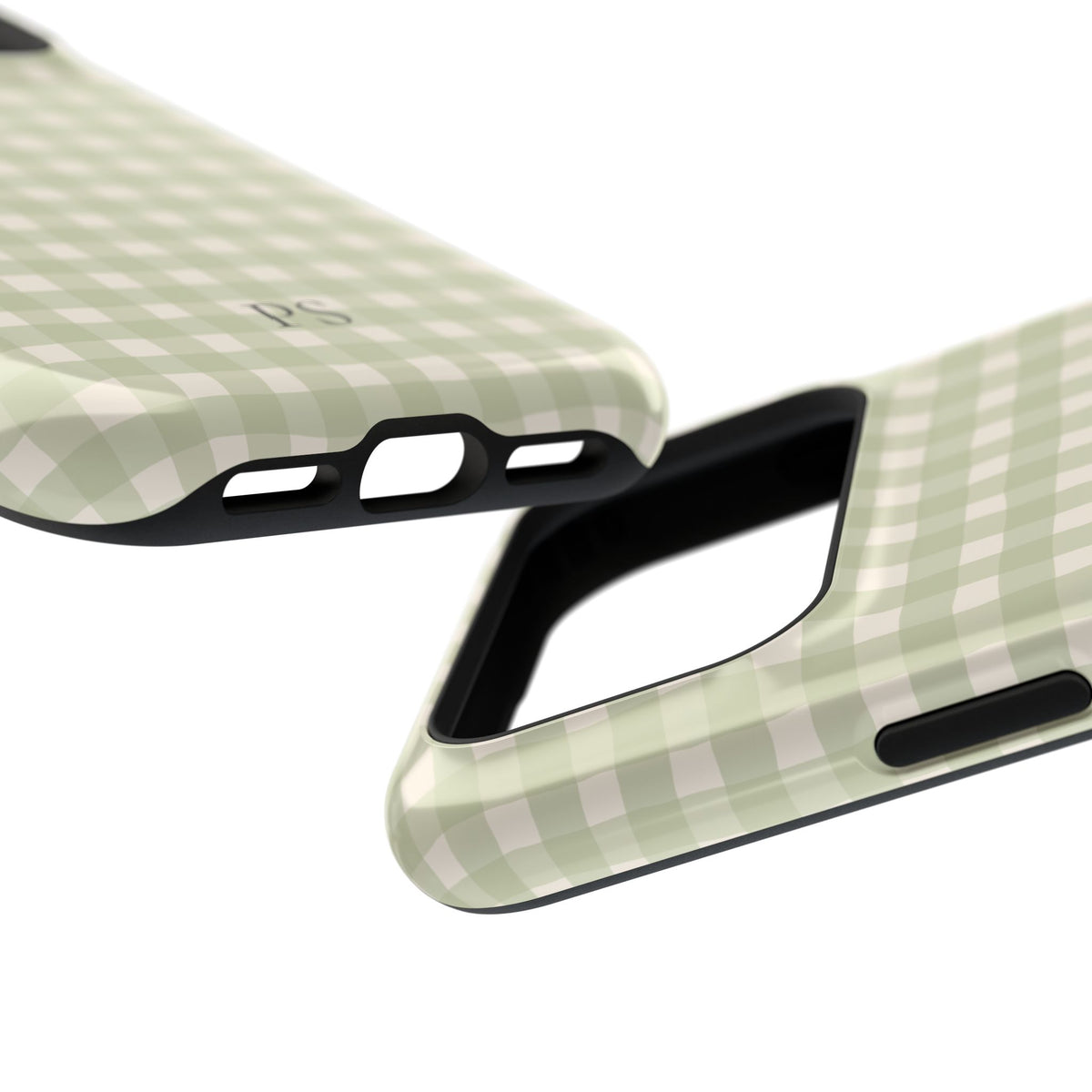 Personalized sage gingham MagSafe phone case, angled view