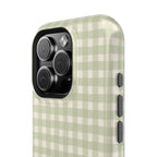 Personalized sage gingham MagSafe phone case with initials, close-up
