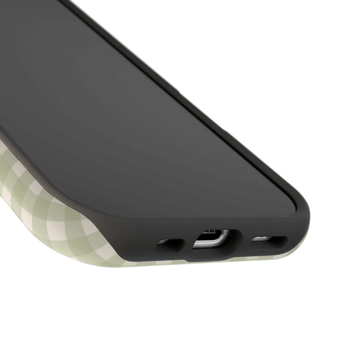 Sage gingham MagSafe phone case, lifestyle view