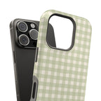 Sage gingham MagSafe case with monogram, edge detail
