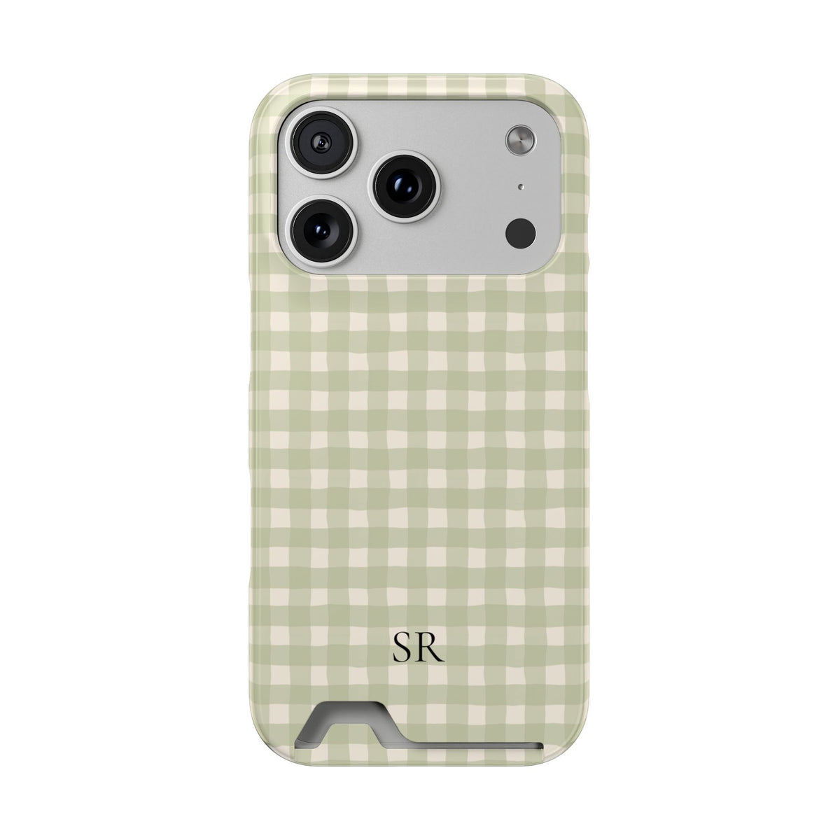 Personalized sage gingham phone case with card holder and initials, front view
