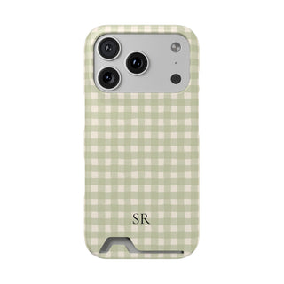 Personalized sage gingham phone case with card holder and initials, front view