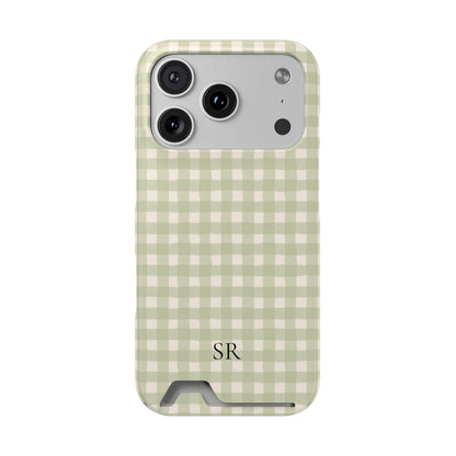 Personalized sage gingham phone case with card holder and initials, front view